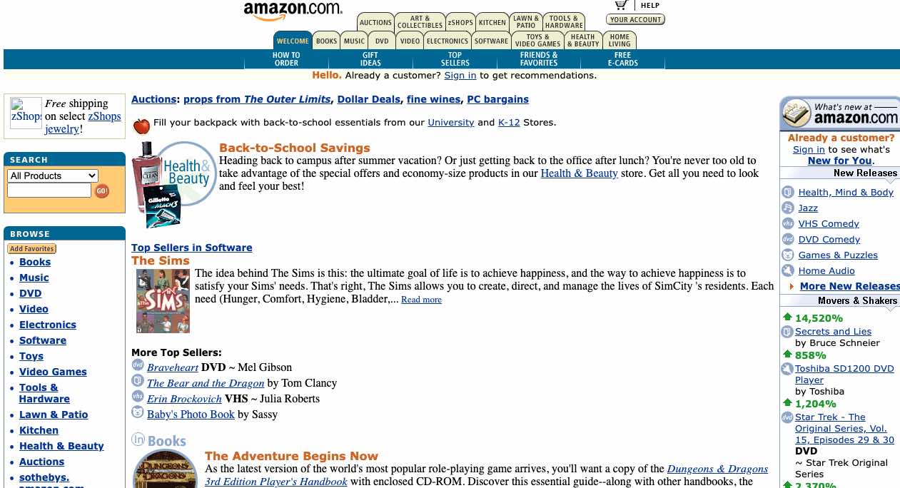 اسکرین شات از وبسایت آمازون در سال ۲۰۰۰، نمونه باز طراحی سایت 